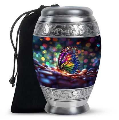 Vivid Blue Butterfly Cremation Urn back view with polished surface - royal butterfly engraving with decorative scrollwork - full-size 10 inch 200 cubic inch adult cremation urn