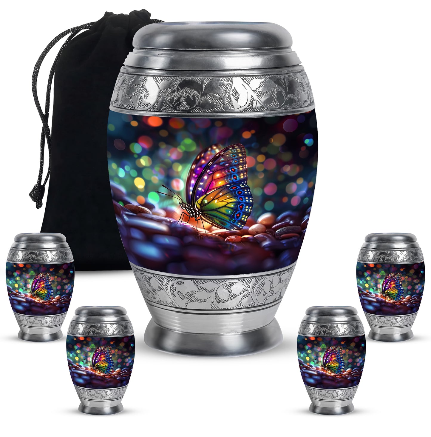 Indigo Butterfly Cremation Urn detail view - regal butterfly design with crown-inspired accents - memorial set with one large and four small urns