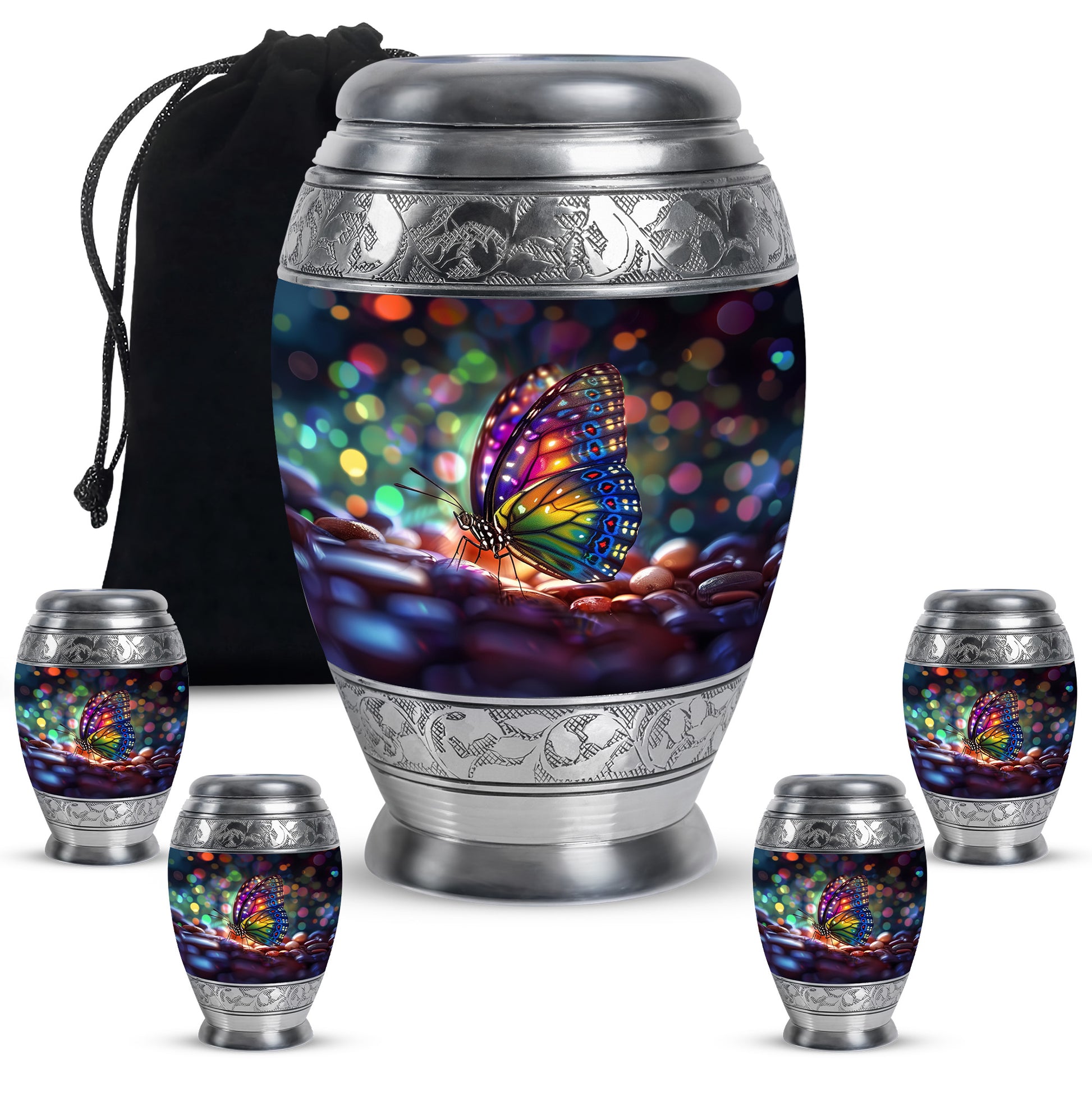 Indigo Butterfly Cremation Urn detail view - regal butterfly design with crown-inspired accents - memorial set with one large and four small urns