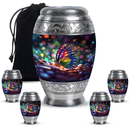 Indigo Butterfly Cremation Urn detail view - regal butterfly design with crown-inspired accents - memorial set with one large and four small urns