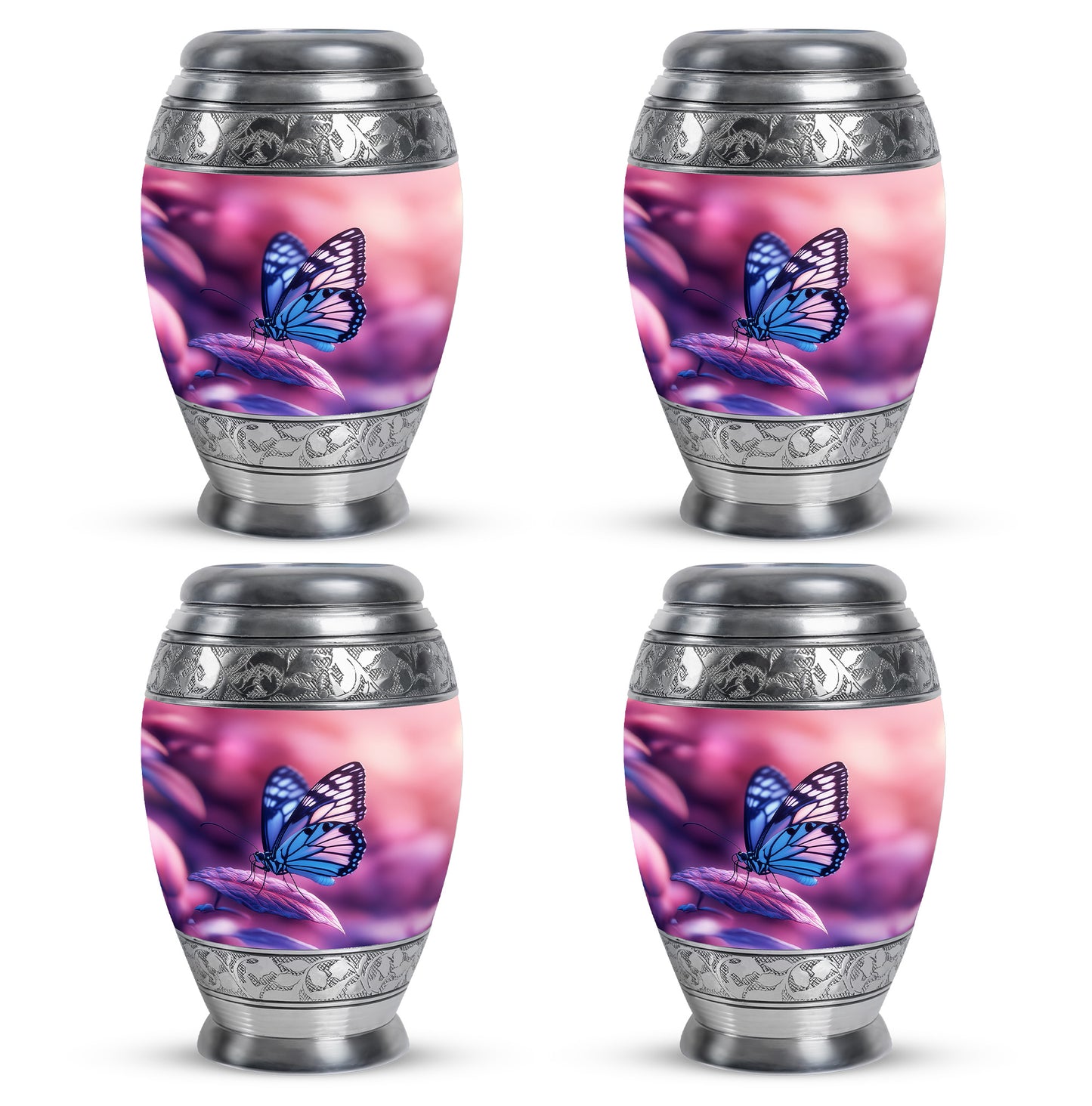 Peony Pink Butterfly Cremation Urn urn with complimentary velvet bag - regal butterfly design with crown-inspired accents - 10 inch aluminum urn for cremated remains