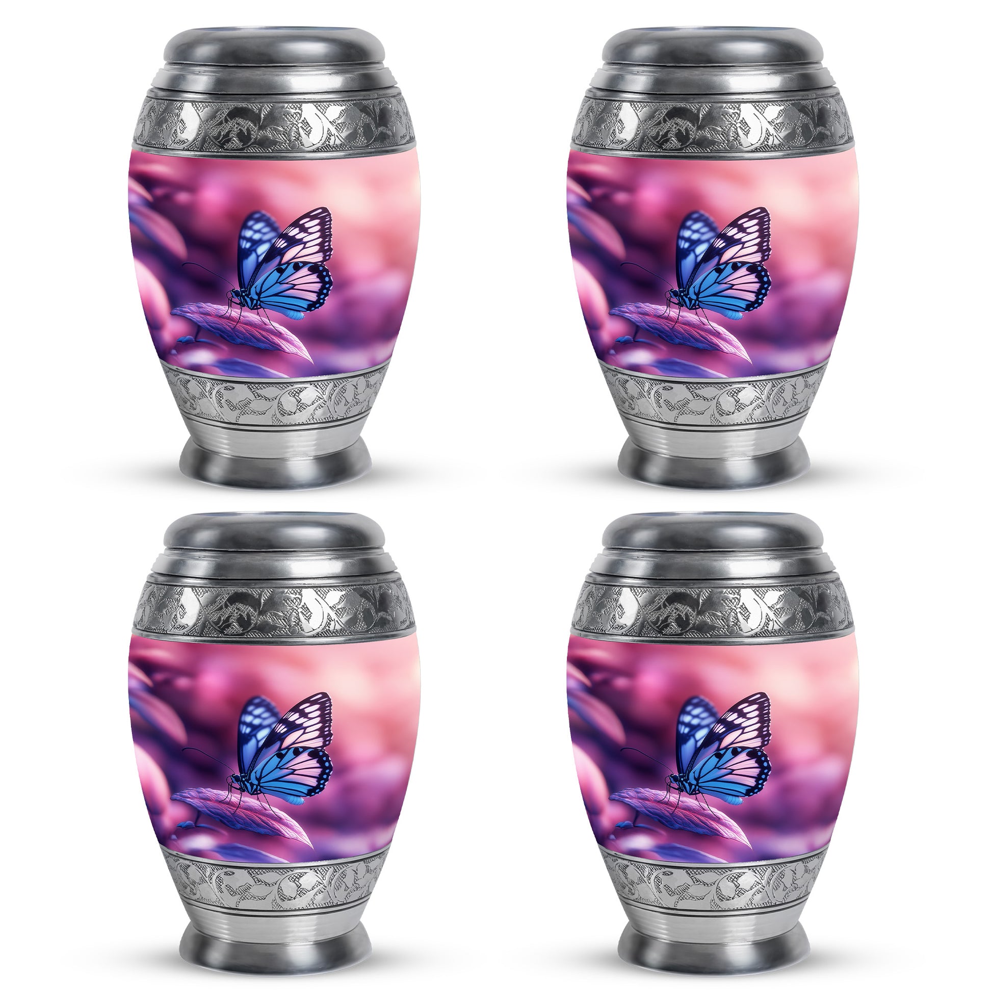 Peony Pink Butterfly Cremation Urn urn with complimentary velvet bag - regal butterfly design with crown-inspired accents - 10 inch aluminum urn for cremated remains