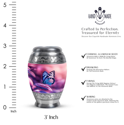 Coral Pink Butterfly Cremation Urn lifestyle display on memorial shelf - ornate monarch-style butterfly relief on brushed aluminum - mini keepsake memorial for portion of cremation ashes
