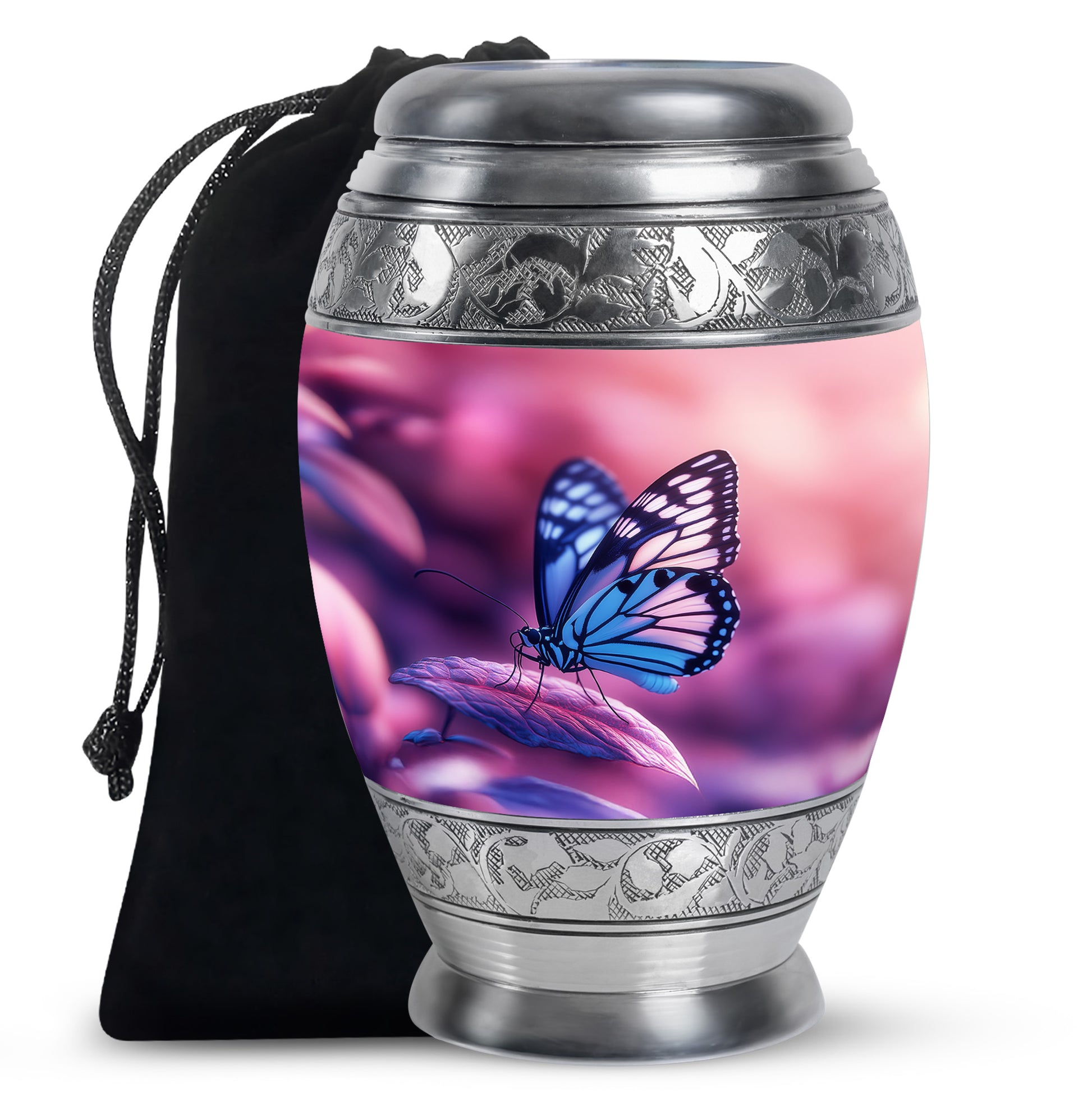 Pastel Pink Butterfly Cremation Urn back view with polished surface - ornate monarch-style butterfly relief on brushed aluminum - full-size 10 inch 200 cubic inch adult cremation urn