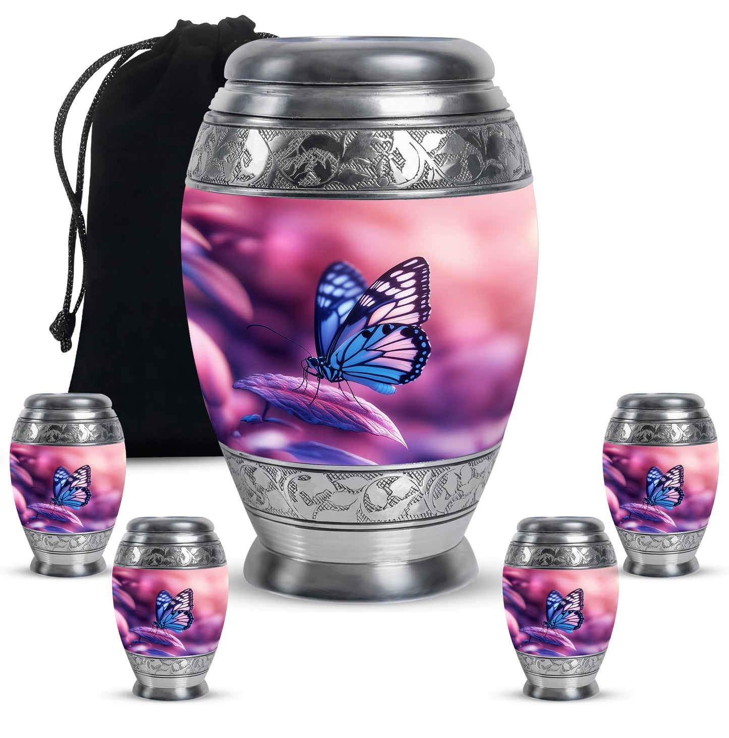 Salmon Pink Butterfly Cremation Urn detail view - royal butterfly engraving with decorative scrollwork - memorial set with one large and four small urns