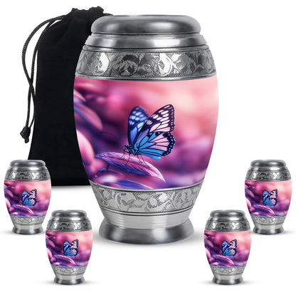 Salmon Pink Butterfly Cremation Urn detail view - royal butterfly engraving with decorative scrollwork - memorial set with one large and four small urns