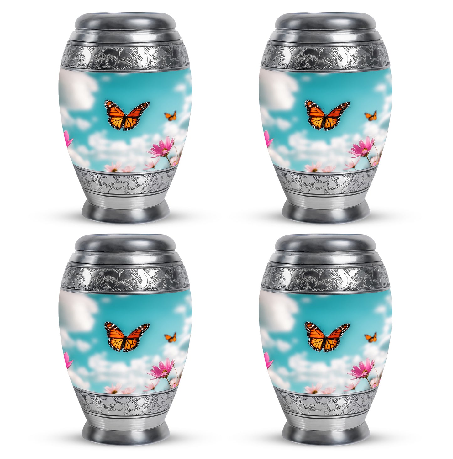 Vivid Teal Butterfly Cremation Urn urn with complimentary velvet bag - royal butterfly engraving with decorative scrollwork - 10 inch aluminum urn for cremated remains
