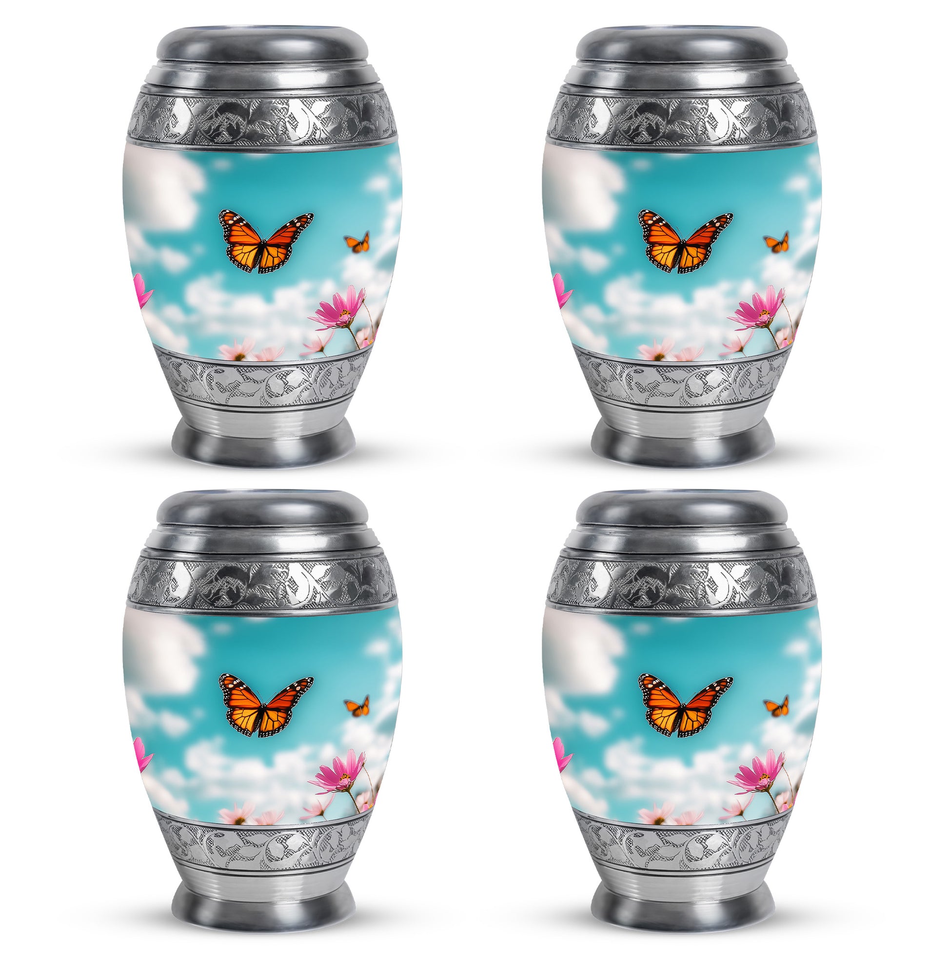 Vivid Teal Butterfly Cremation Urn urn with complimentary velvet bag - royal butterfly engraving with decorative scrollwork - 10 inch aluminum urn for cremated remains