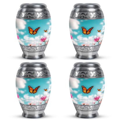 Vivid Teal Butterfly Cremation Urn urn with complimentary velvet bag - royal butterfly engraving with decorative scrollwork - 10 inch aluminum urn for cremated remains