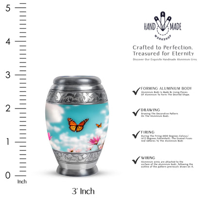 Mystic Teal Butterfly Cremation Urn lifestyle display on memorial shelf - majestic butterfly pattern with filigree border - mini keepsake memorial for portion of cremation ashes
