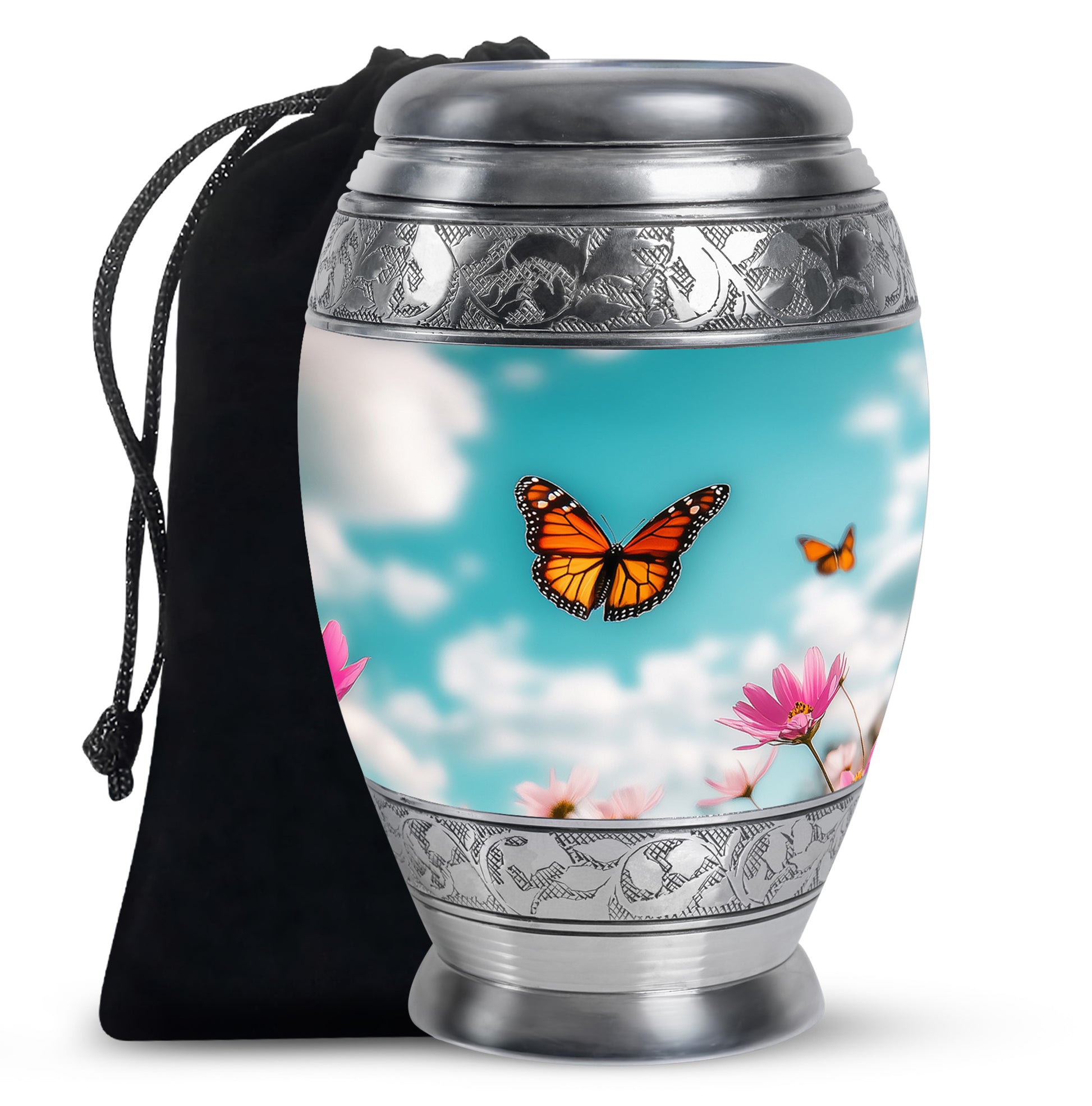 Tropical Teal Butterfly Cremation Urn back view with polished surface - majestic butterfly pattern with filigree border - full-size 10 inch 200 cubic inch adult cremation urn