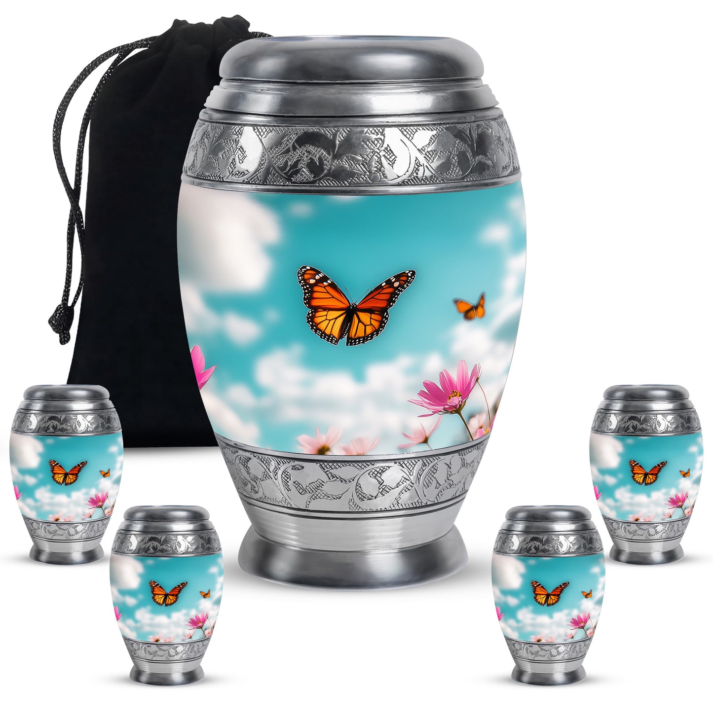 Jewel Teal Butterfly Cremation Urn detail view - regal butterfly design with crown-inspired accents - memorial set with one large and four small urns