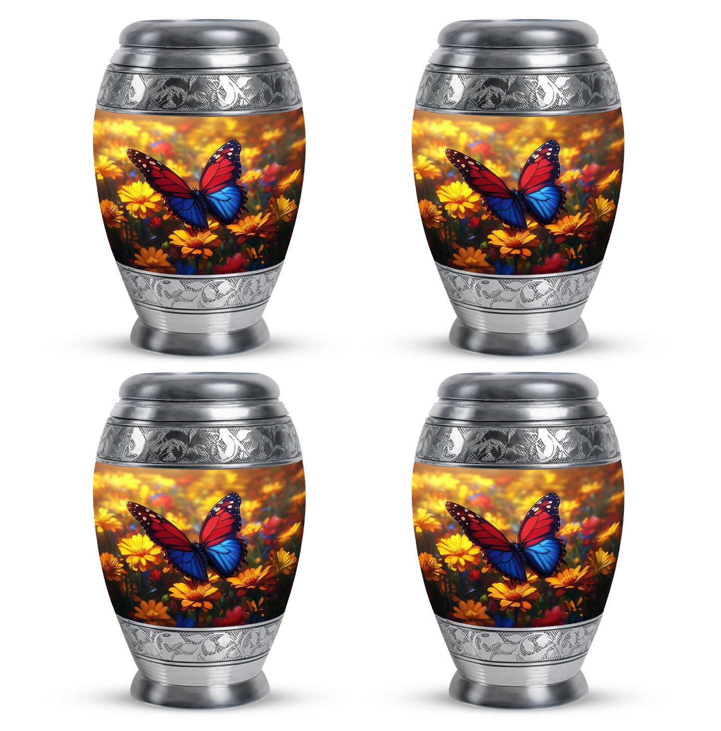 Amber Gold Butterfly Cremation Urn urn with complimentary velvet bag - ornate monarch-style butterfly relief on brushed aluminum - 10 inch aluminum urn for cremated remains