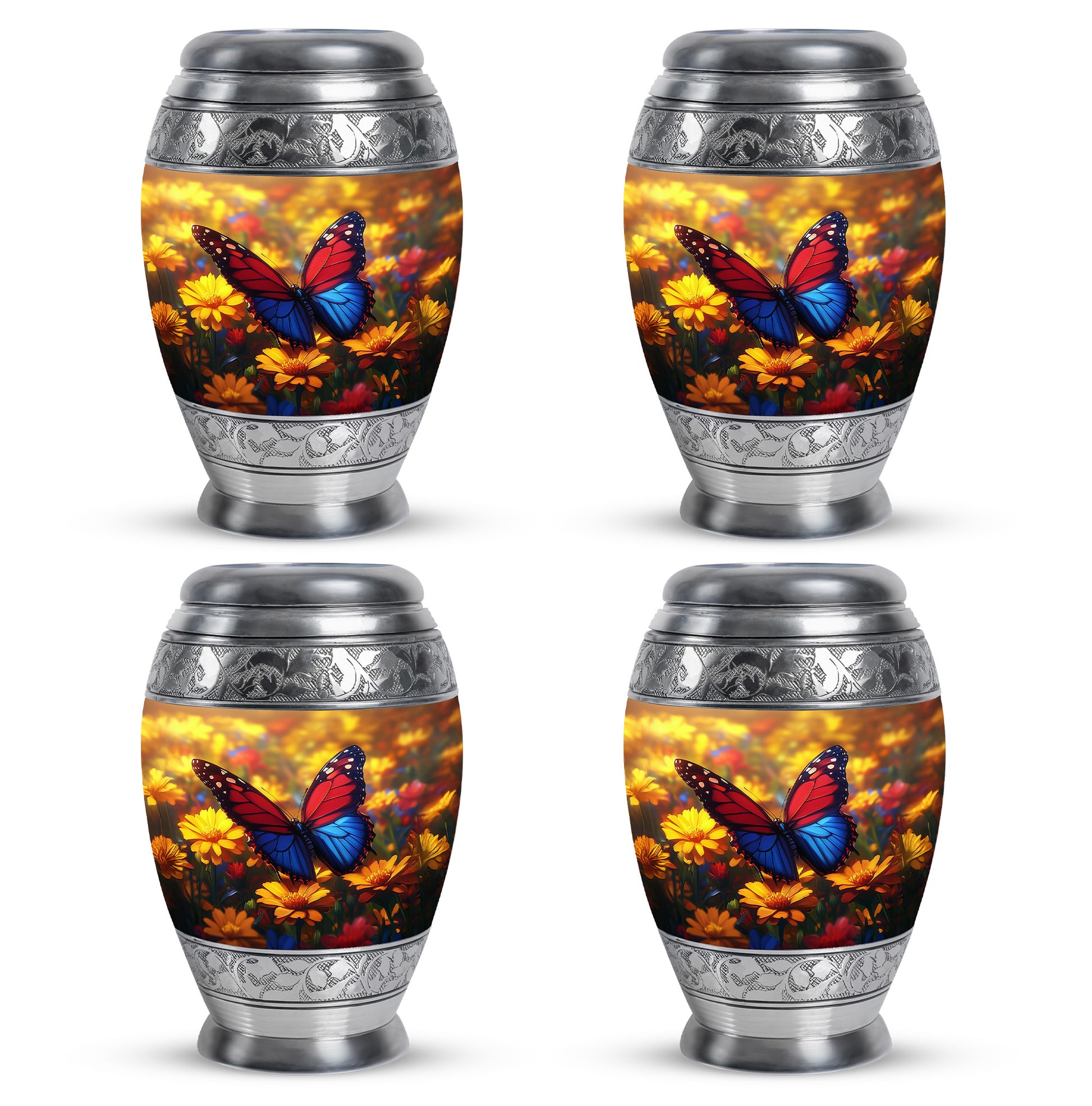 Amber Gold Butterfly Cremation Urn urn with complimentary velvet bag - ornate monarch-style butterfly relief on brushed aluminum - 10 inch aluminum urn for cremated remains