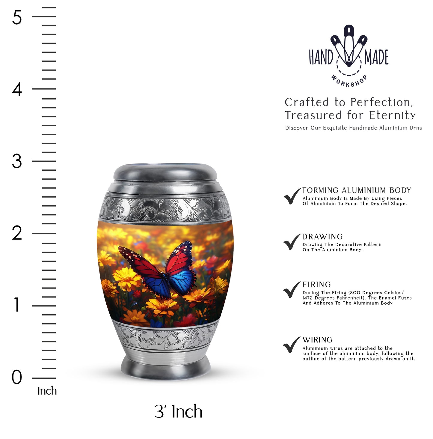 Amber Gold Butterfly Cremation Urn lifestyle display on memorial shelf - ornate monarch-style butterfly relief on brushed aluminum - mini keepsake memorial for portion of cremation ashes