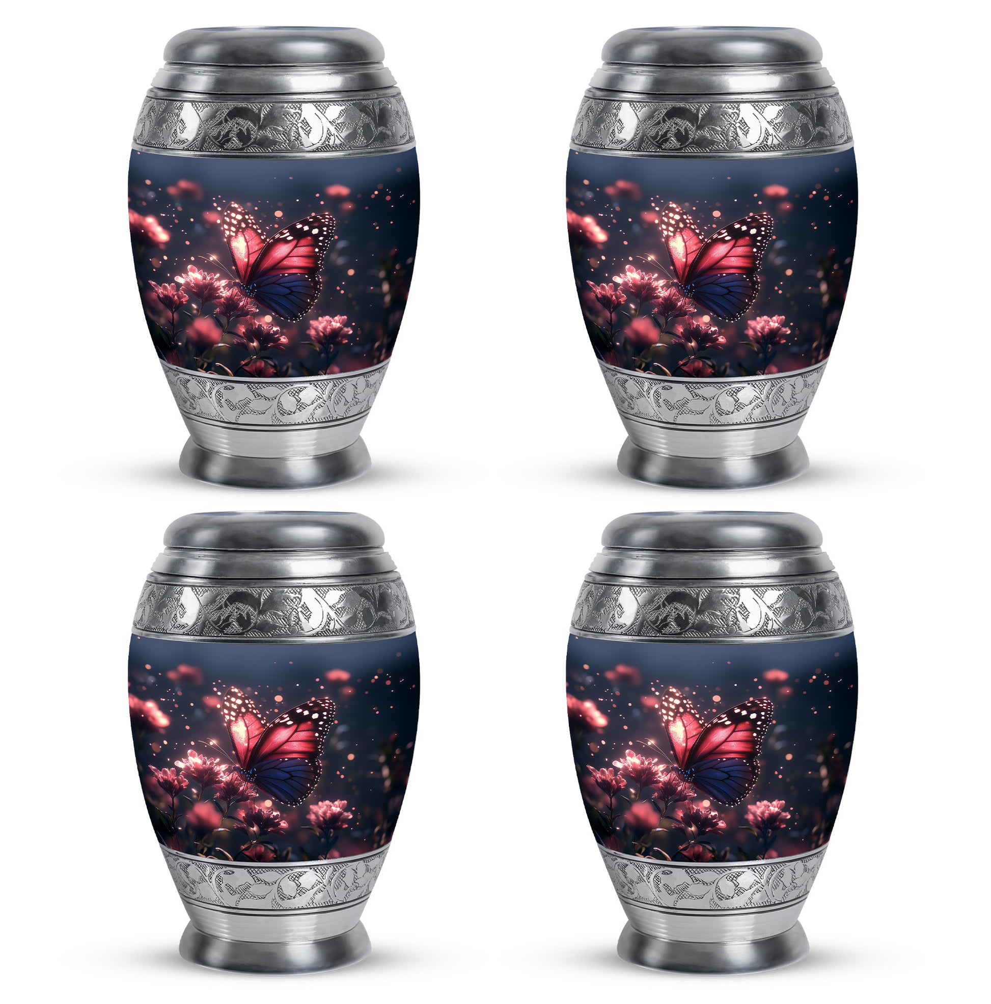 Navy Blue Butterfly Cremation Urn urn with complimentary velvet bag - regal butterfly design with crown-inspired accents - 10 inch aluminum urn for cremated remains