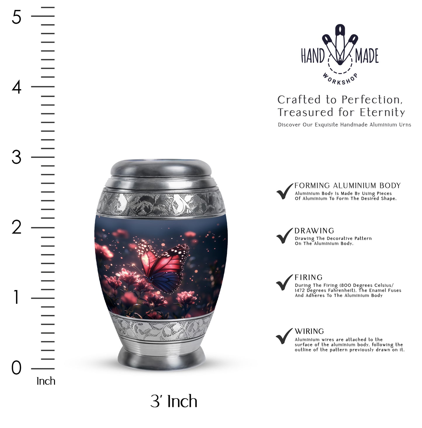 Bright Blue Butterfly Cremation Urn lifestyle display on memorial shelf - royal butterfly engraving with decorative scrollwork - mini keepsake memorial for portion of cremation ashes