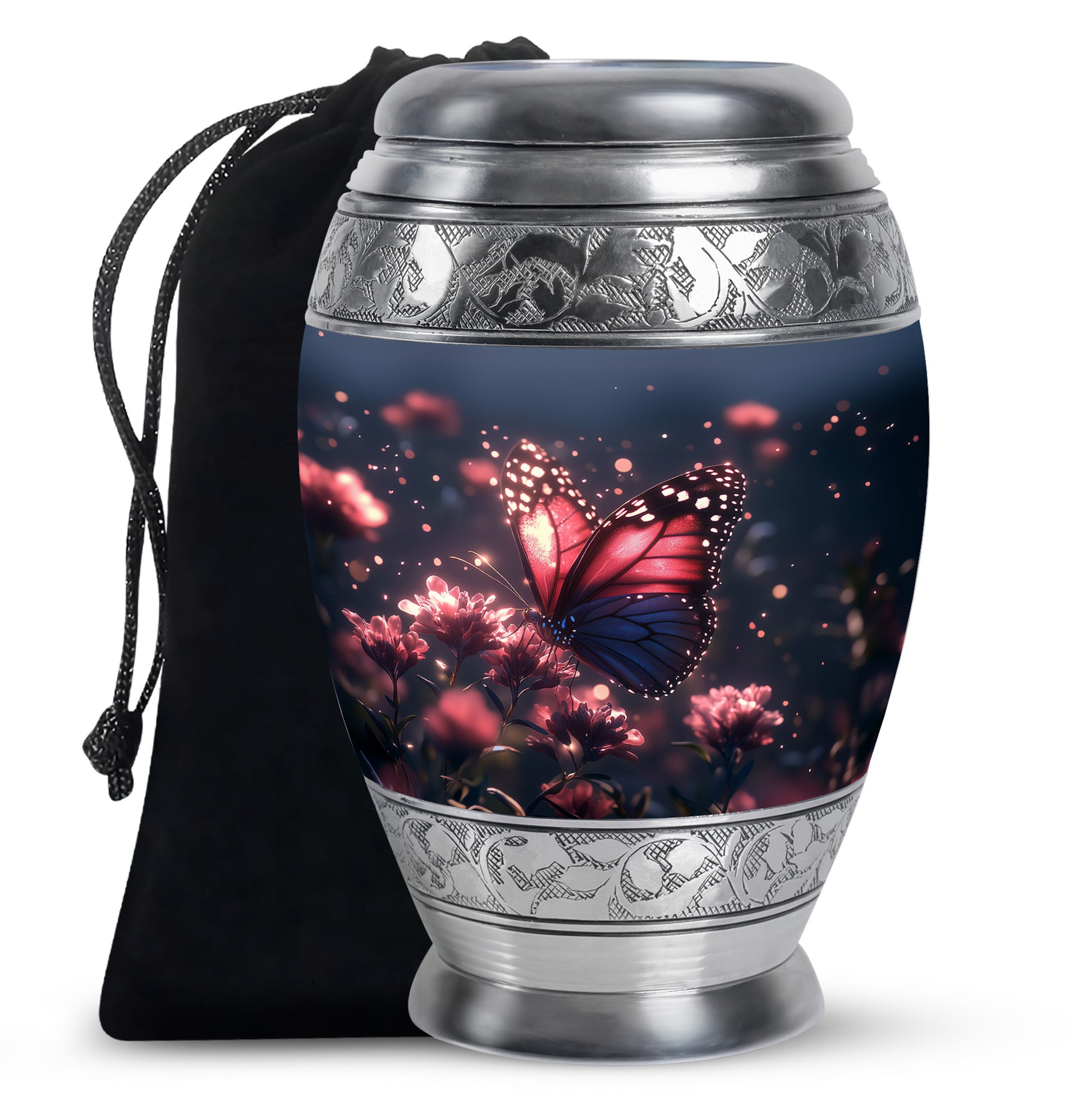Dusty Blue Butterfly Cremation Urn back view with polished surface - ornate monarch-style butterfly relief on brushed aluminum - full-size 10 inch 200 cubic inch adult cremation urn