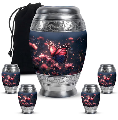 Soft Blue Butterfly Cremation Urn detail view - royal butterfly engraving with decorative scrollwork - memorial set with one large and four small urns