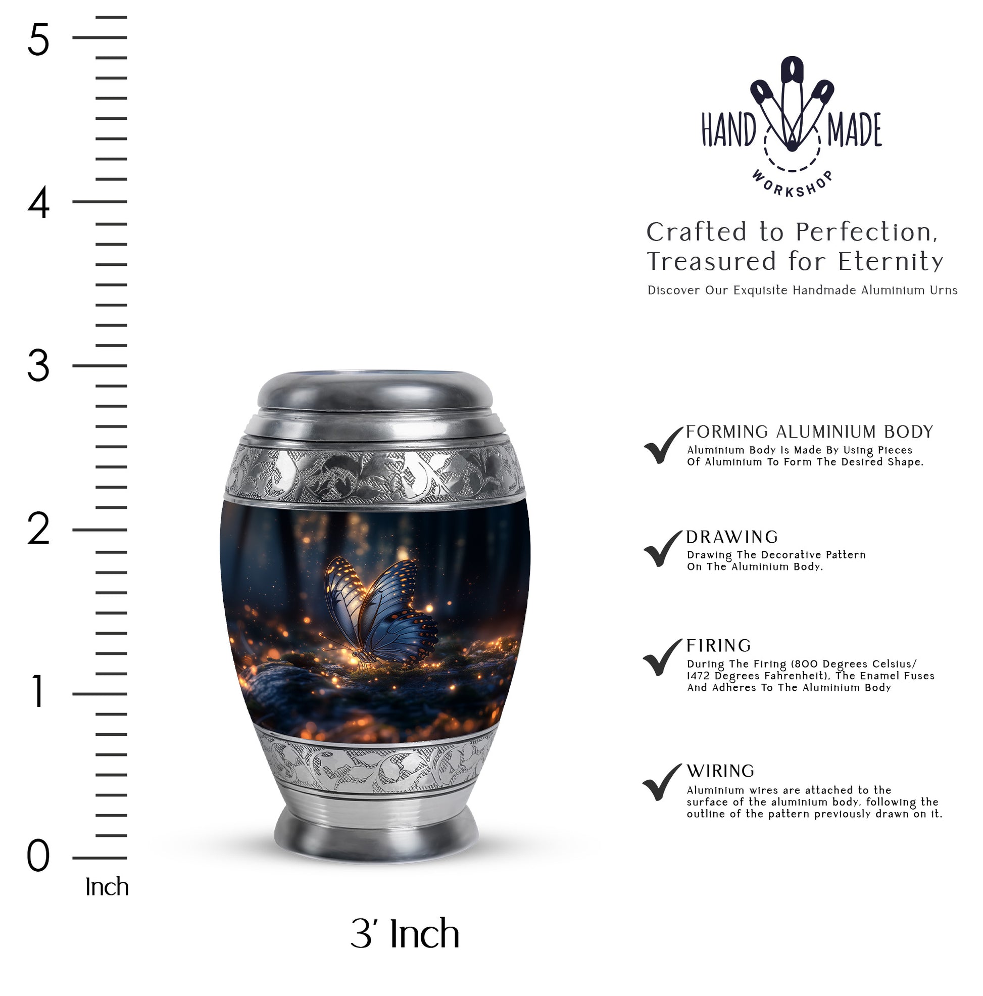 Dark Black Butterfly Cremation Urn lifestyle display on memorial shelf - majestic butterfly pattern with filigree border - mini keepsake memorial for portion of cremation ashes