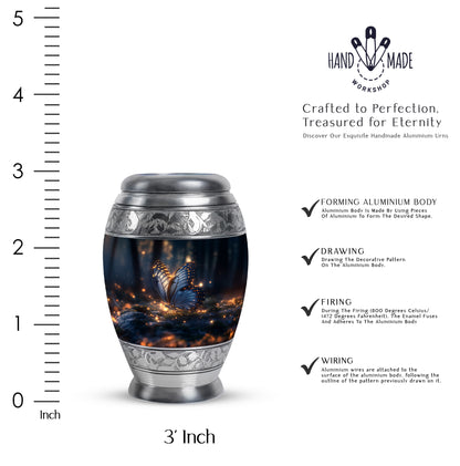 Dark Black Butterfly Cremation Urn lifestyle display on memorial shelf - majestic butterfly pattern with filigree border - mini keepsake memorial for portion of cremation ashes