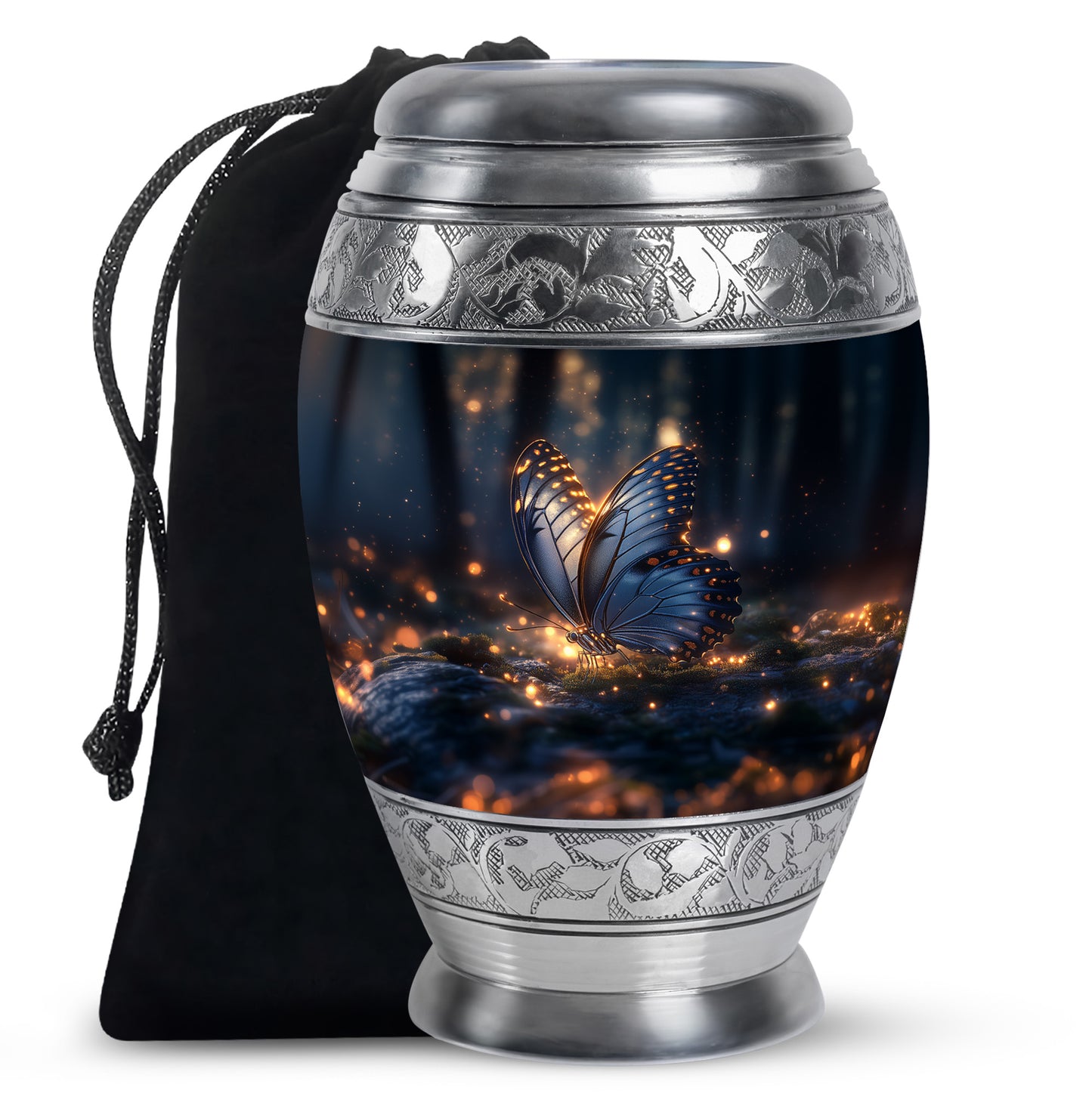 Dark Black Butterfly Cremation Urn back view with polished surface - royal butterfly engraving with decorative scrollwork - full-size 10 inch 200 cubic inch adult cremation urn