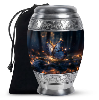 Dark Black Butterfly Cremation Urn back view with polished surface - royal butterfly engraving with decorative scrollwork - full-size 10 inch 200 cubic inch adult cremation urn