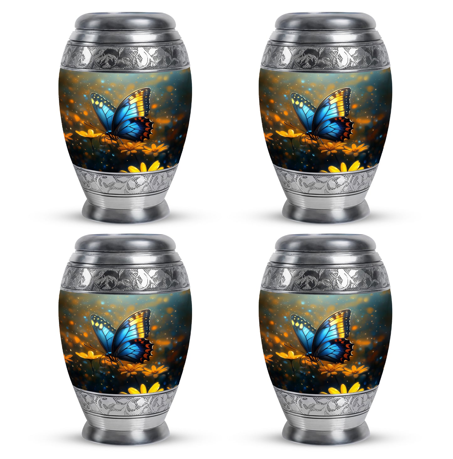 Mist Gray Butterfly Cremation Urn urn with complimentary velvet bag - regal butterfly design with crown-inspired accents - 10 inch aluminum urn for cremated remains