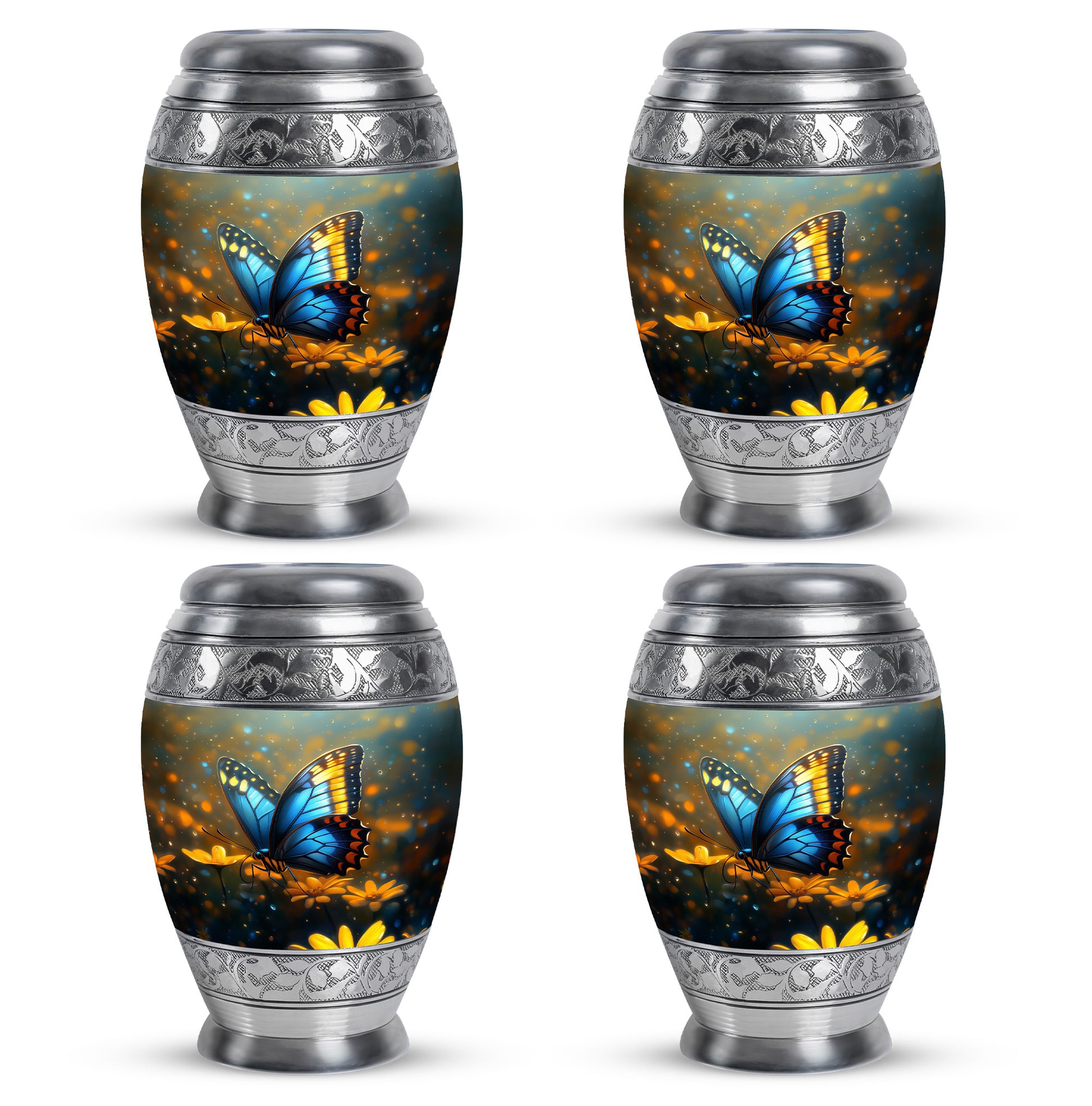 Mist Gray Butterfly Cremation Urn urn with complimentary velvet bag - regal butterfly design with crown-inspired accents - 10 inch aluminum urn for cremated remains
