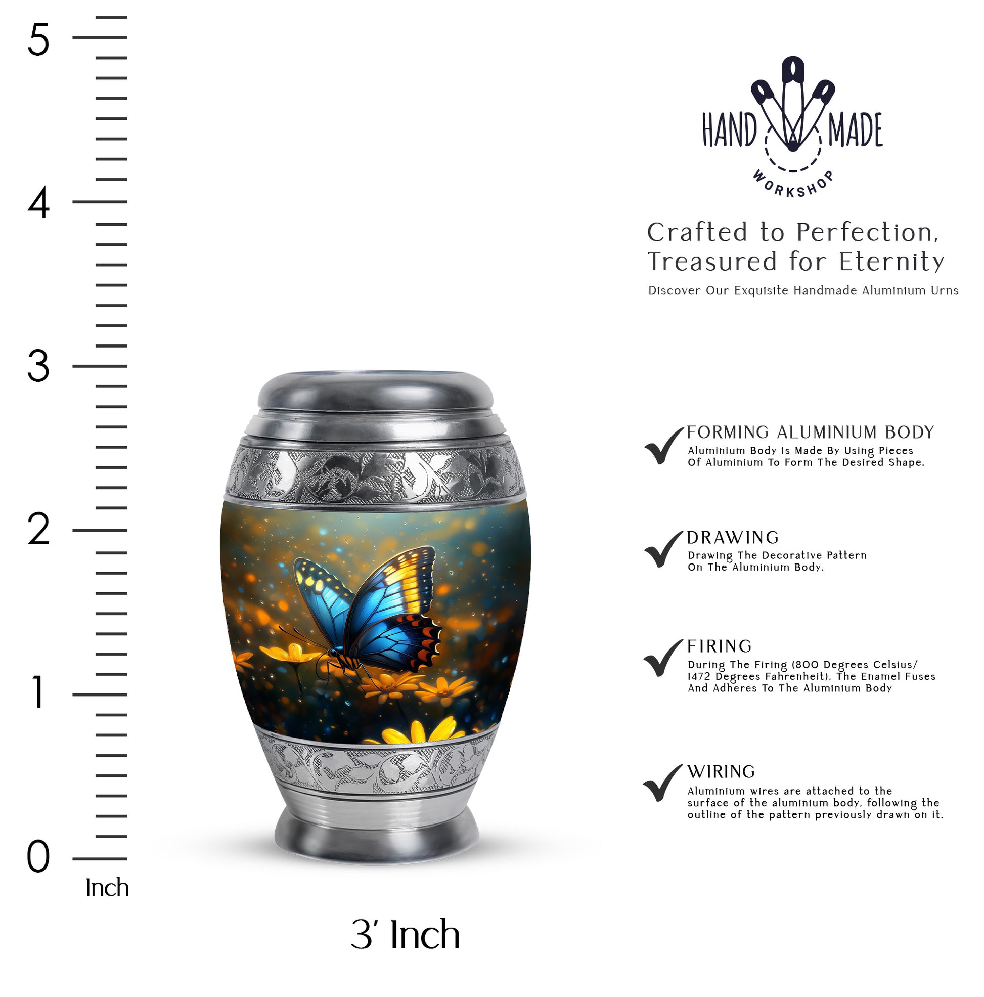 Smoke Gray Butterfly Cremation Urn lifestyle display on memorial shelf - majestic butterfly pattern with filigree border - mini keepsake memorial for portion of cremation ashes