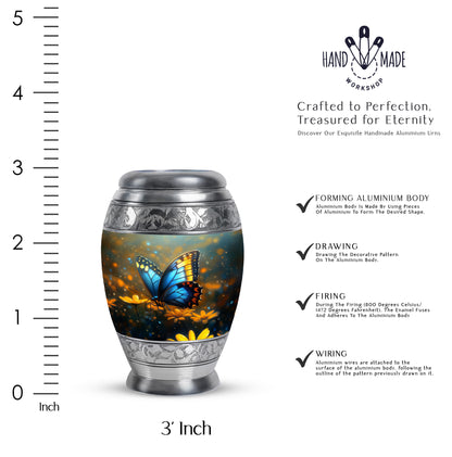 Smoke Gray Butterfly Cremation Urn lifestyle display on memorial shelf - majestic butterfly pattern with filigree border - mini keepsake memorial for portion of cremation ashes