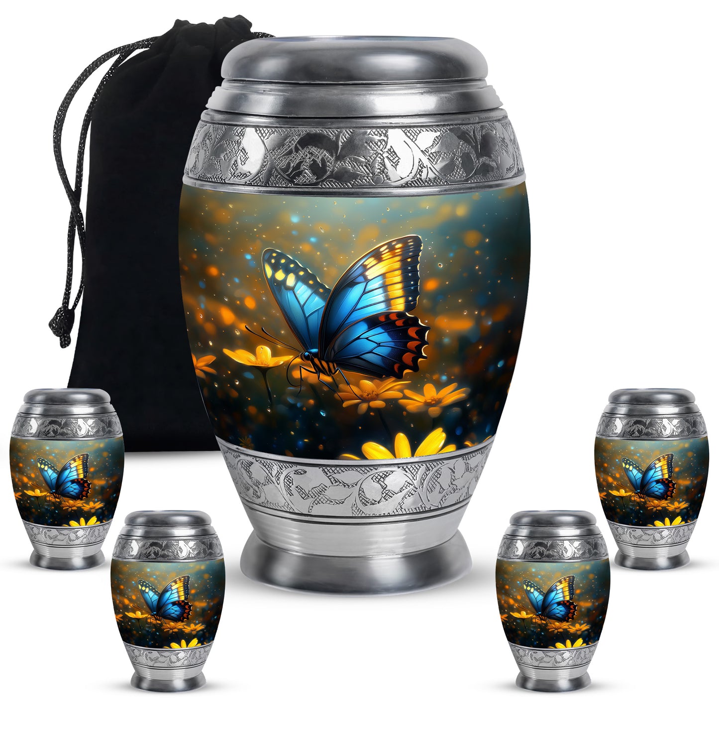 Dove Gray Butterfly Cremation Urn detail view - regal butterfly design with crown-inspired accents - memorial set with one large and four small urns