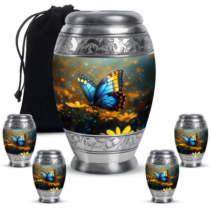 Dove Gray Butterfly Cremation Urn detail view - regal butterfly design with crown-inspired accents - memorial set with one large and four small urns
