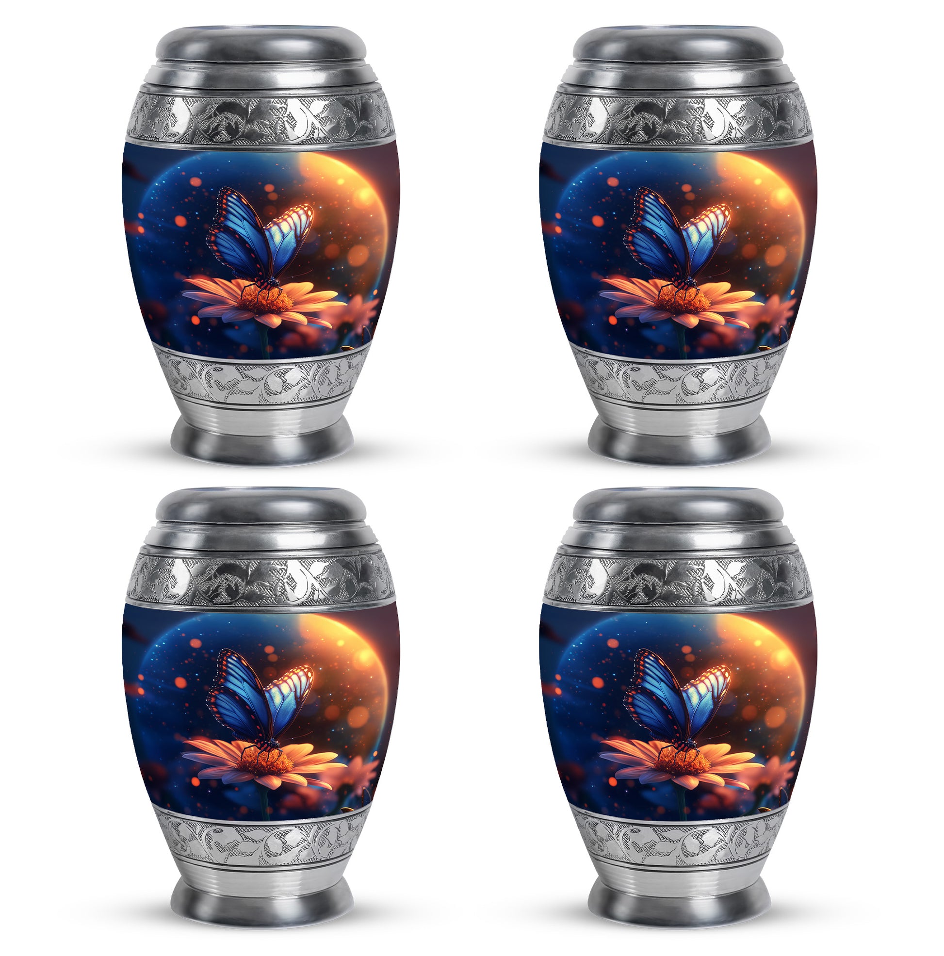 Vivid Blue Butterfly Cremation Urn urn with complimentary velvet bag - majestic butterfly pattern with filigree border - 10 inch aluminum urn for cremated remains
