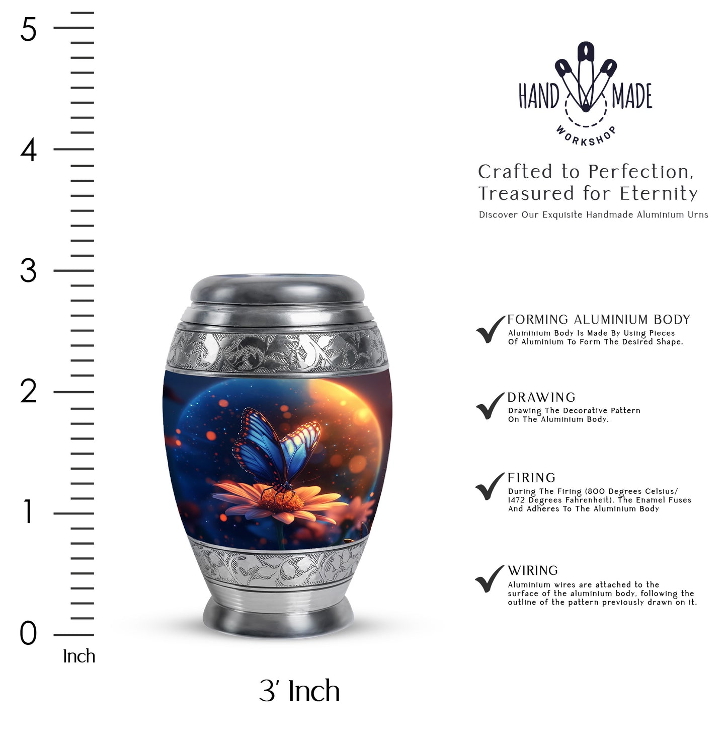 Navy Blue Butterfly Cremation Urn lifestyle display on memorial shelf - regal butterfly design with crown-inspired accents - mini keepsake memorial for portion of cremation ashes