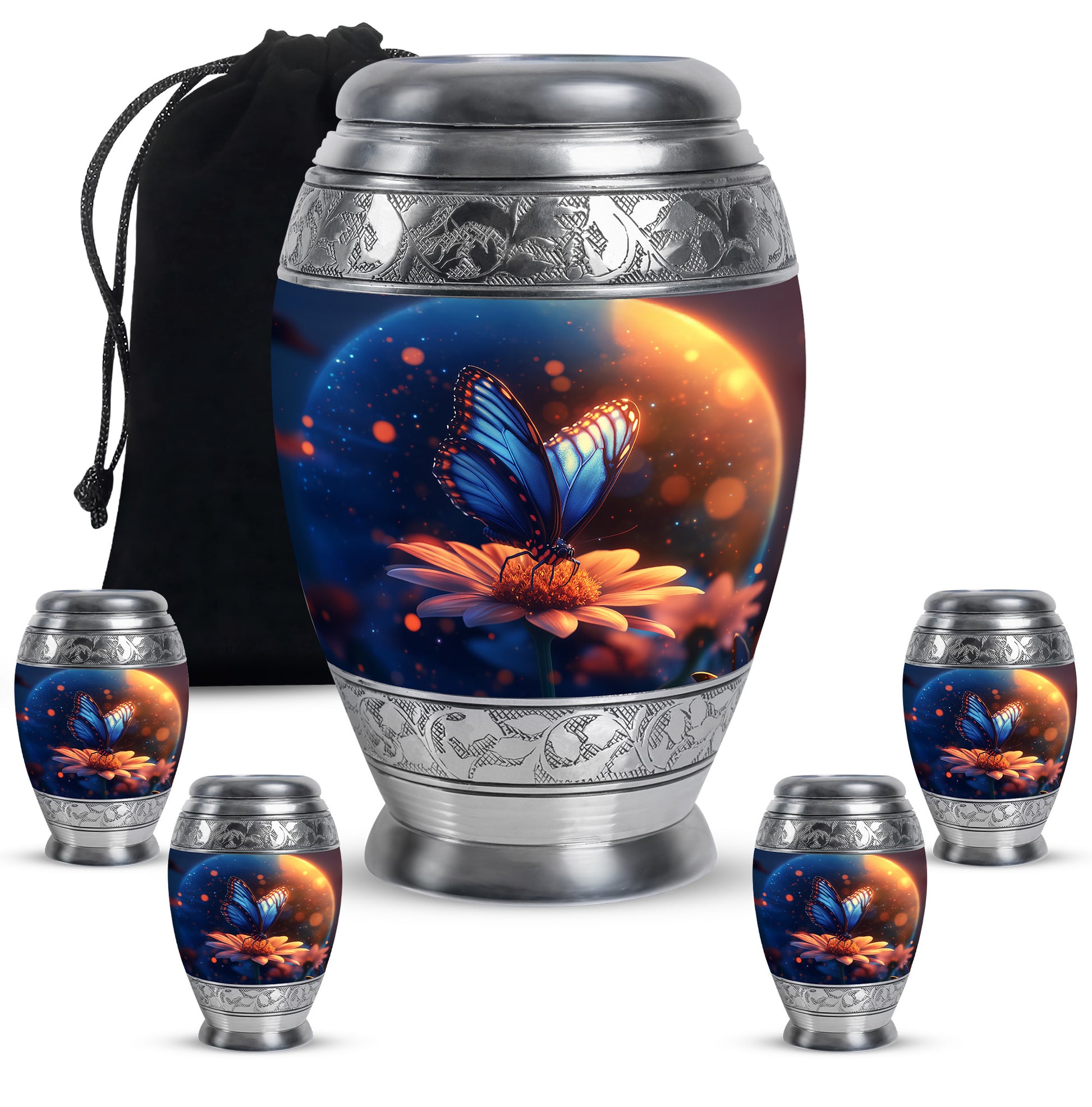 Sky Blue Butterfly Cremation Urn detail view - ornate monarch-style butterfly relief on brushed aluminum - memorial set with one large and four small urns