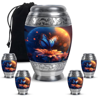 Sky Blue Butterfly Cremation Urn detail view - ornate monarch-style butterfly relief on brushed aluminum - memorial set with one large and four small urns