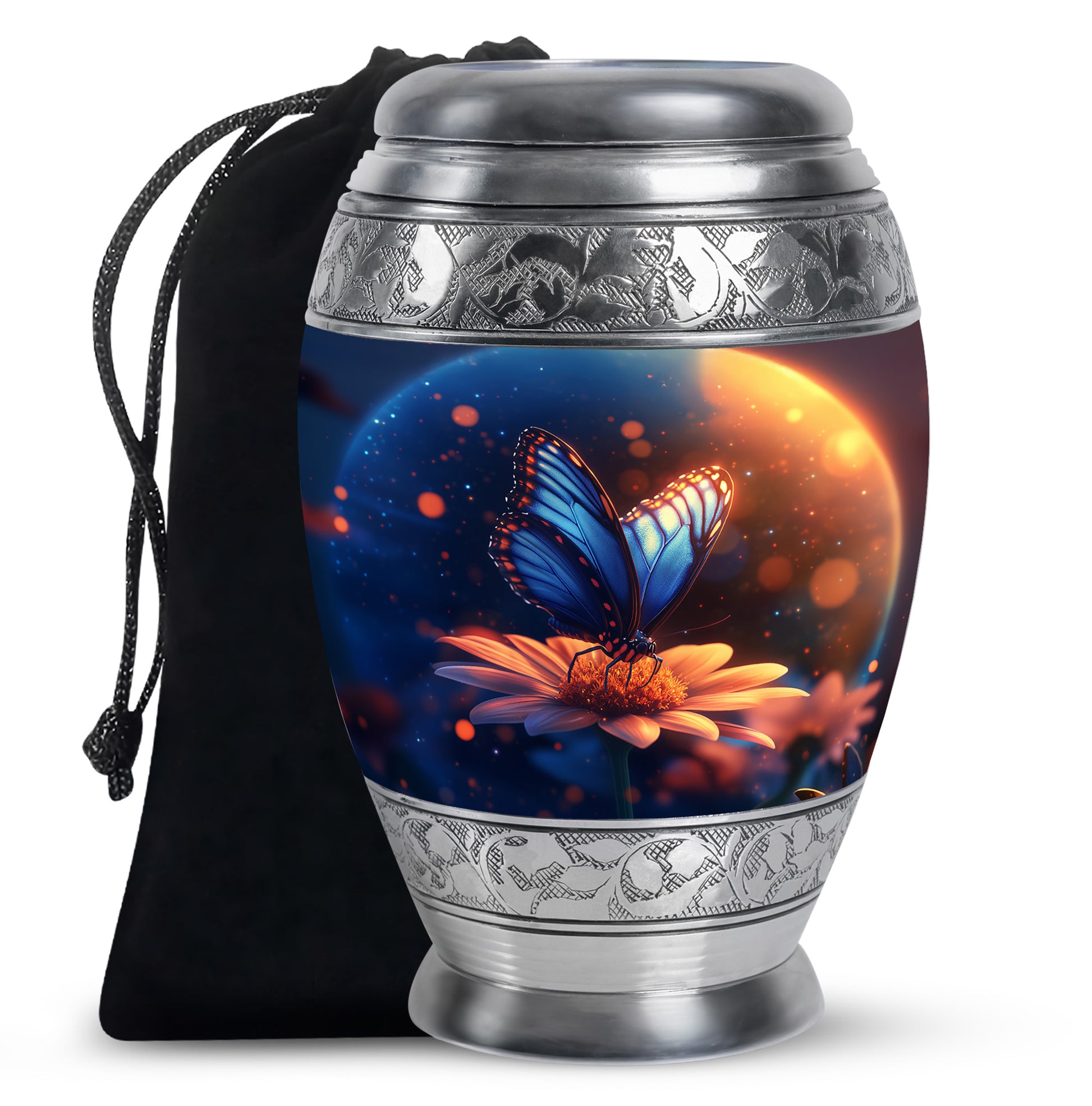 Slate Blue Butterfly Cremation Urn back view with polished surface - regal butterfly design with crown-inspired accents - full-size 10 inch 200 cubic inch adult cremation urn