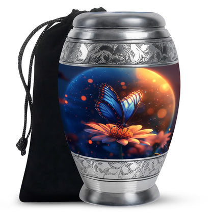 Slate Blue Butterfly Cremation Urn back view with polished surface - regal butterfly design with crown-inspired accents - full-size 10 inch 200 cubic inch adult cremation urn