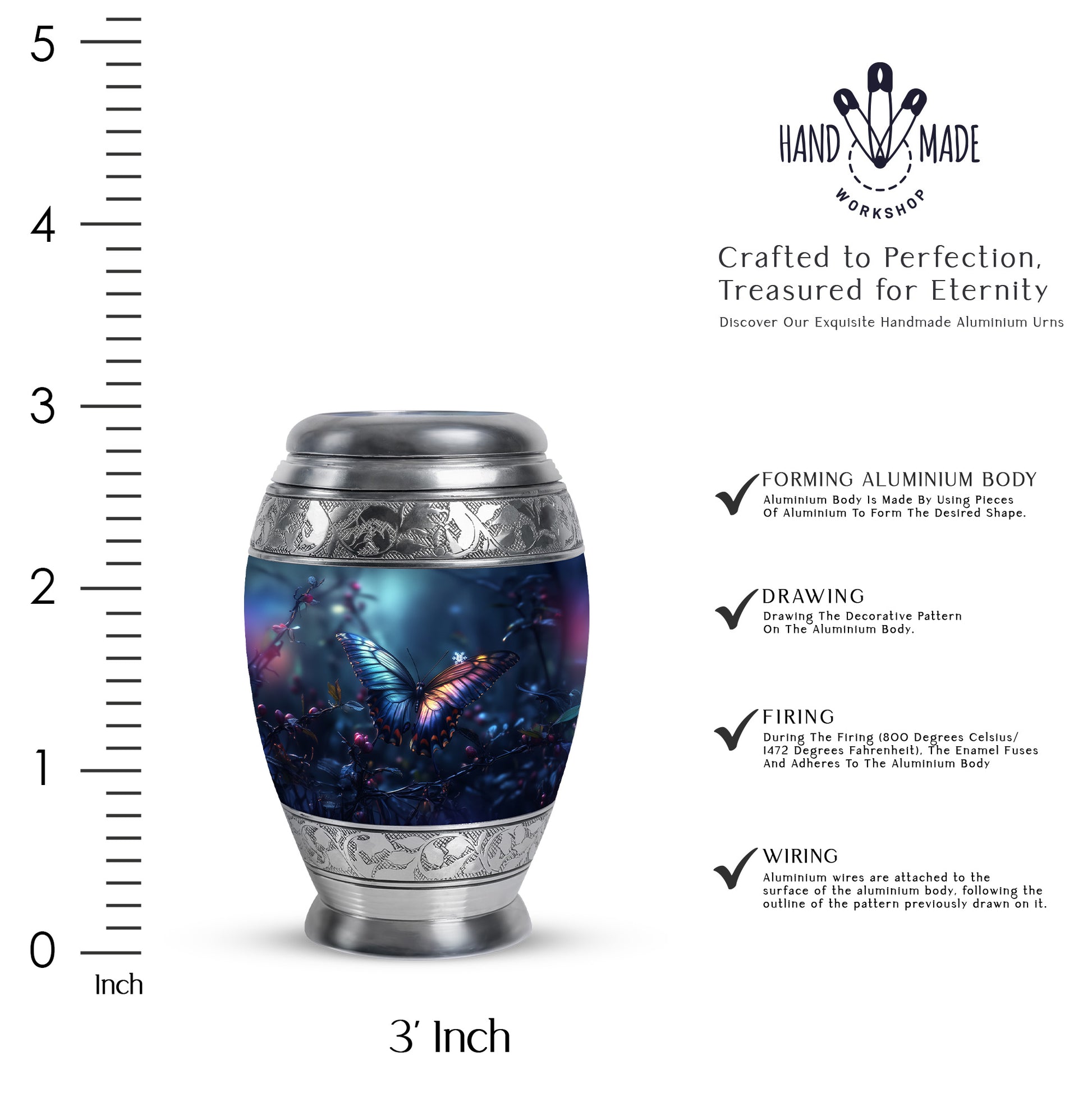 Serene Blue Butterfly Cremation Urn lifestyle display on memorial shelf - majestic butterfly pattern with filigree border - mini keepsake memorial for portion of cremation ashes