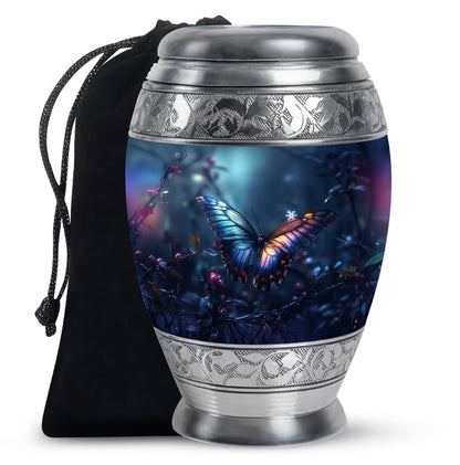 Soft Blue Butterfly Cremation Urn back view with polished surface - royal butterfly engraving with decorative scrollwork - full-size 10 inch 200 cubic inch adult cremation urn