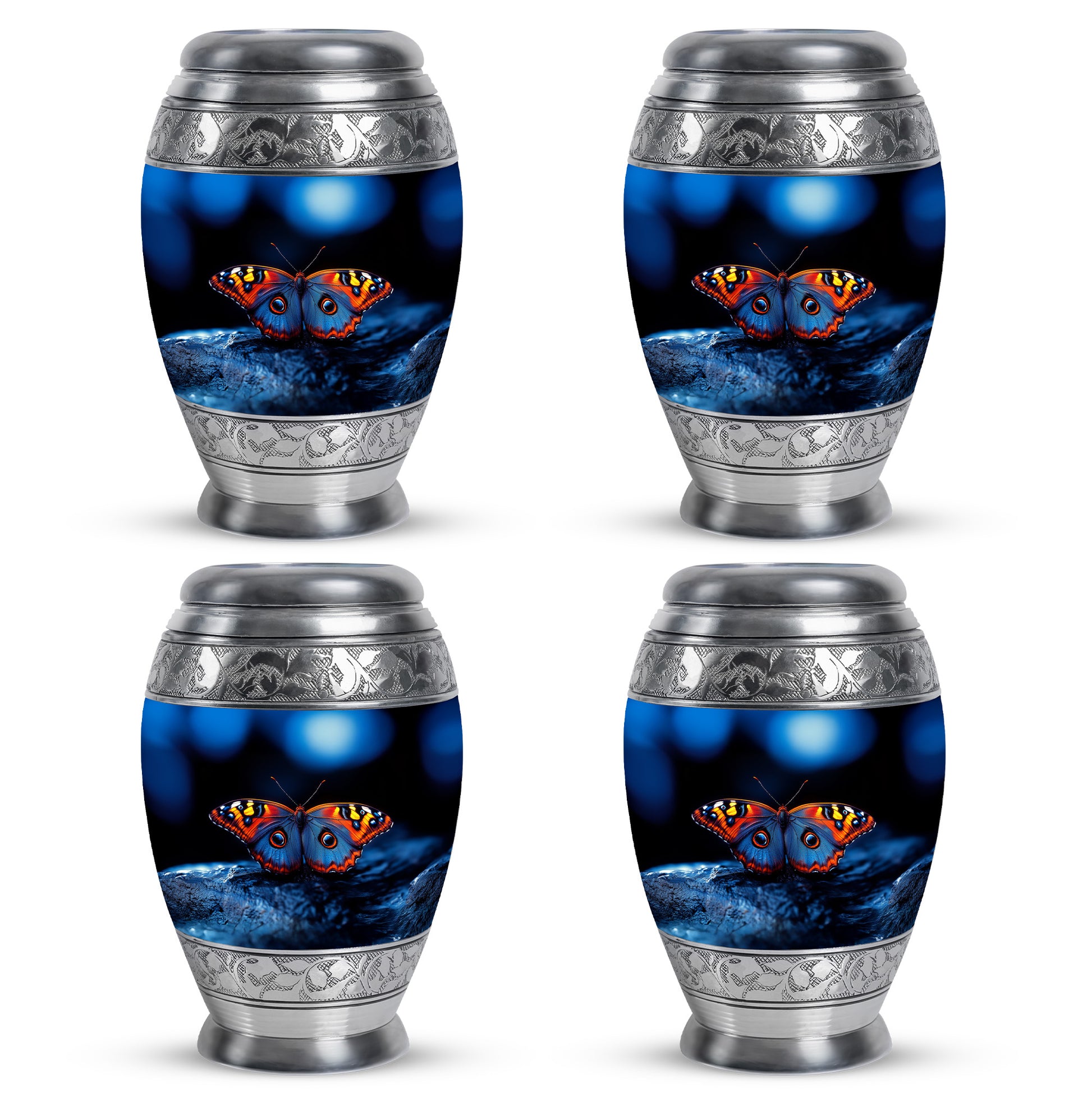 Midnight Black Butterfly Cremation Urn urn with complimentary velvet bag - royal butterfly engraving with decorative scrollwork - 10 inch aluminum urn for cremated remains