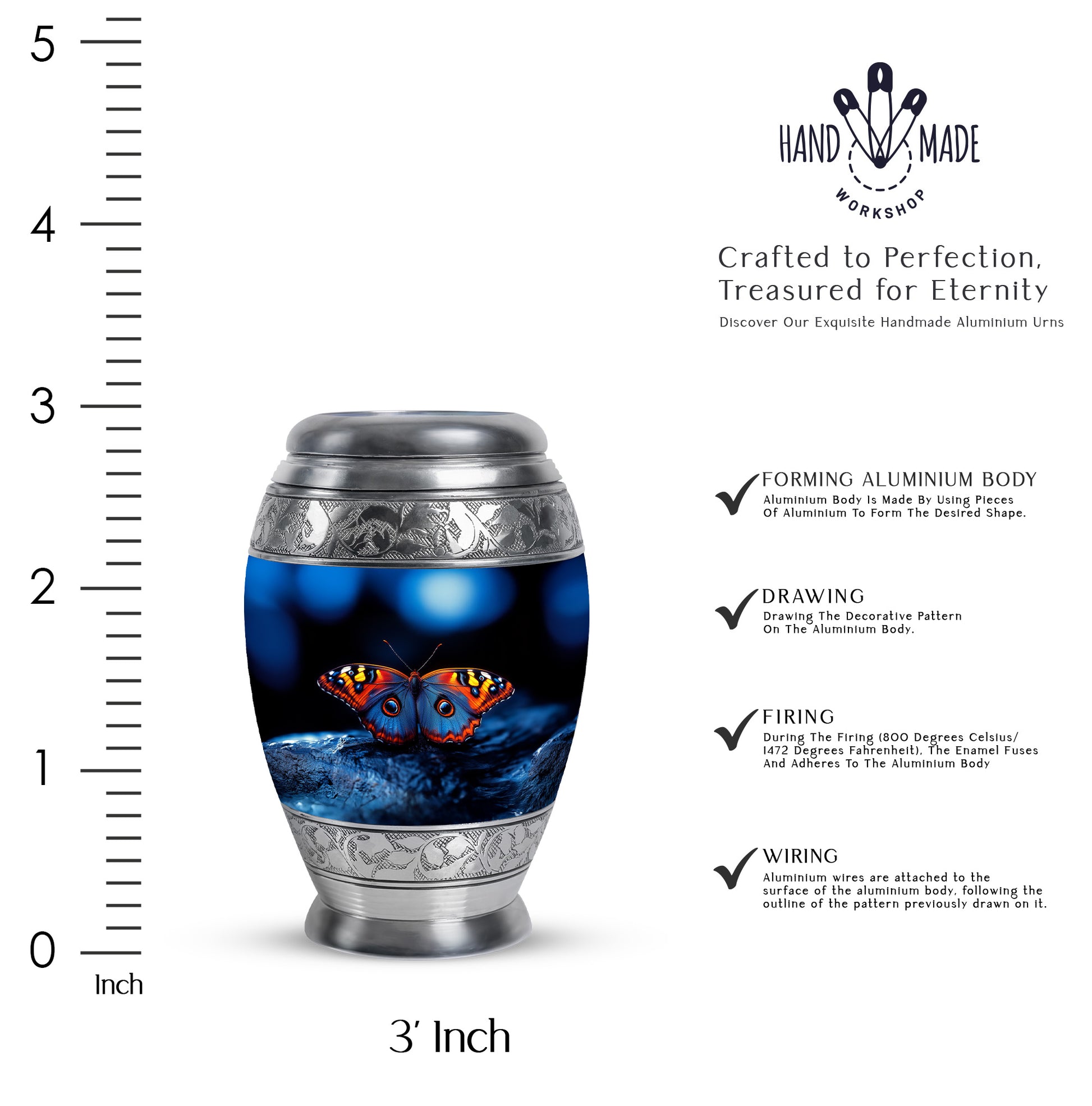 Glossy Black Butterfly Cremation Urn lifestyle display on memorial shelf - regal butterfly design with crown-inspired accents - mini keepsake memorial for portion of cremation ashes