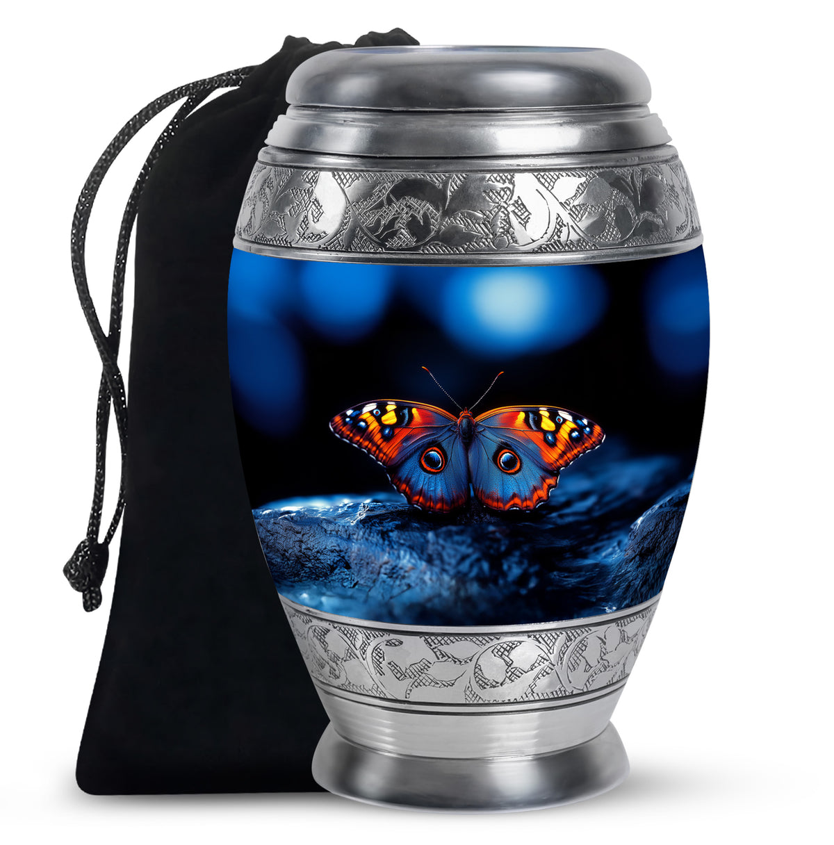 Glossy Black Butterfly Cremation Urn back view with polished surface - regal butterfly design with crown-inspired accents - full-size 10 inch 200 cubic inch adult cremation urn