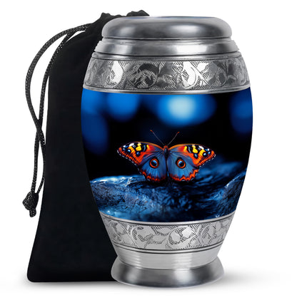 Glossy Black Butterfly Cremation Urn back view with polished surface - regal butterfly design with crown-inspired accents - full-size 10 inch 200 cubic inch adult cremation urn