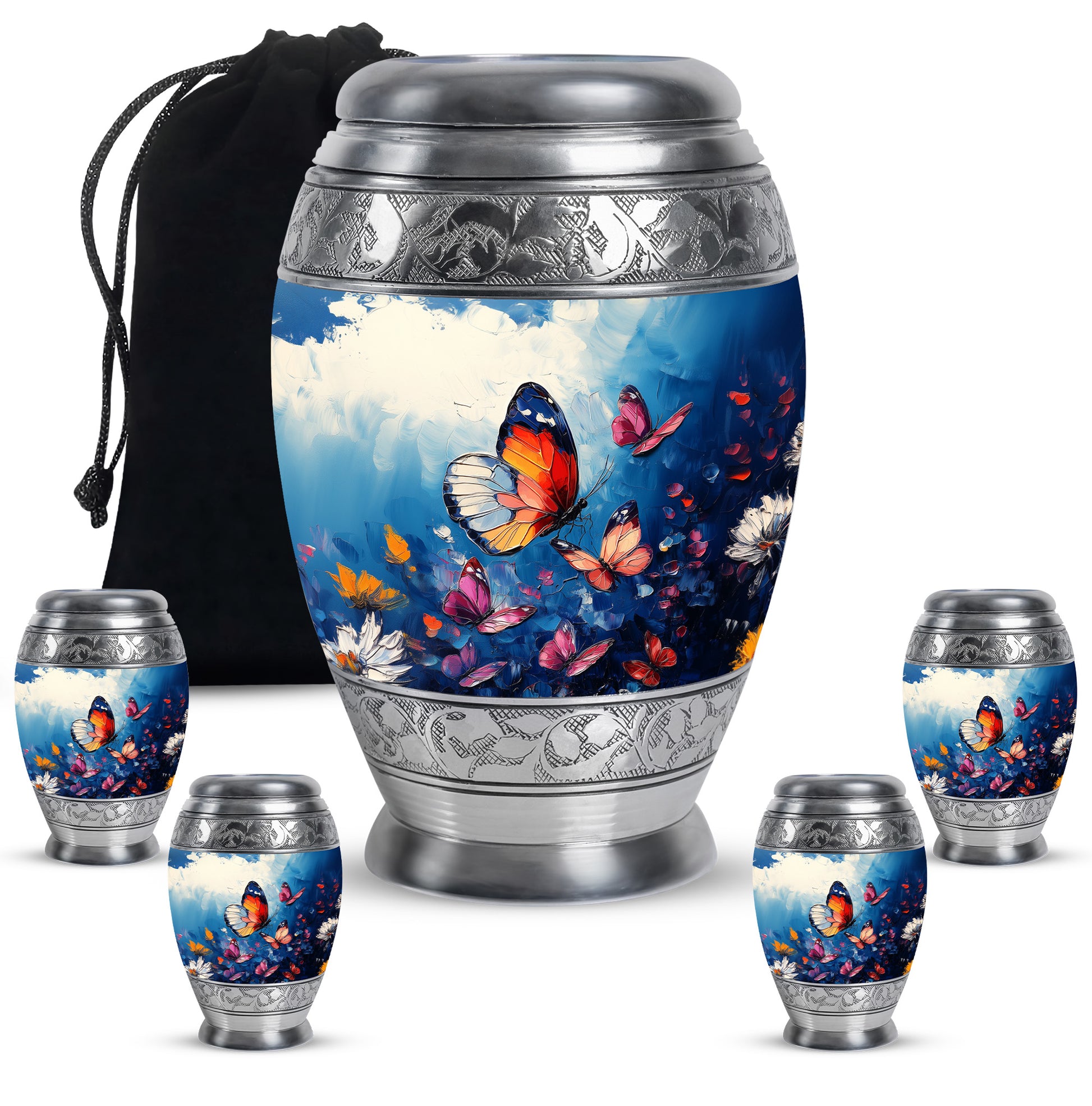 Powder Blue Butterfly Cremation Urn detail view - regal butterfly design with crown-inspired accents - memorial set with one large and four small urns