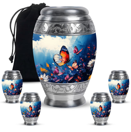 Powder Blue Butterfly Cremation Urn detail view - regal butterfly design with crown-inspired accents - memorial set with one large and four small urns