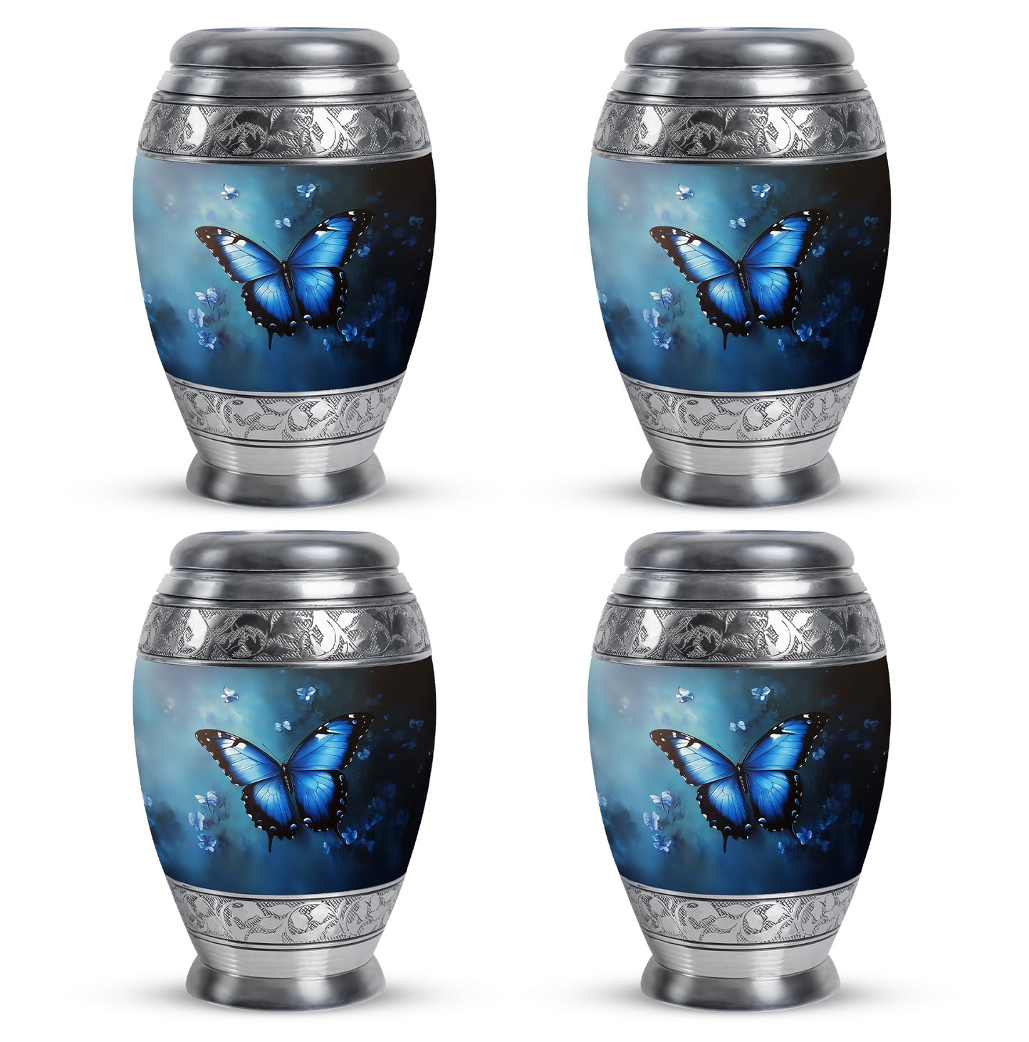 Vivid Blue Butterfly Cremation Urn urn with complimentary velvet bag - royal butterfly engraving with decorative scrollwork - 10 inch aluminum urn for cremated remains