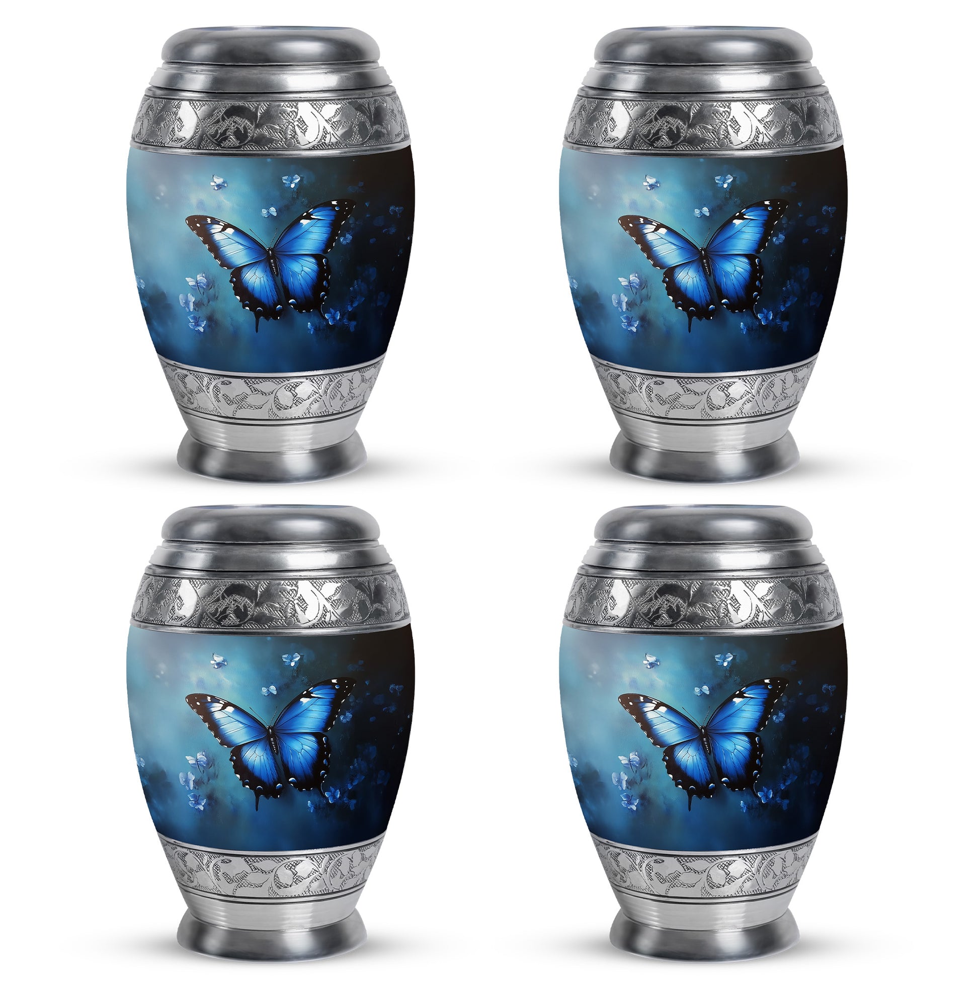 Vivid Blue Butterfly Cremation Urn urn with complimentary velvet bag - royal butterfly engraving with decorative scrollwork - 10 inch aluminum urn for cremated remains