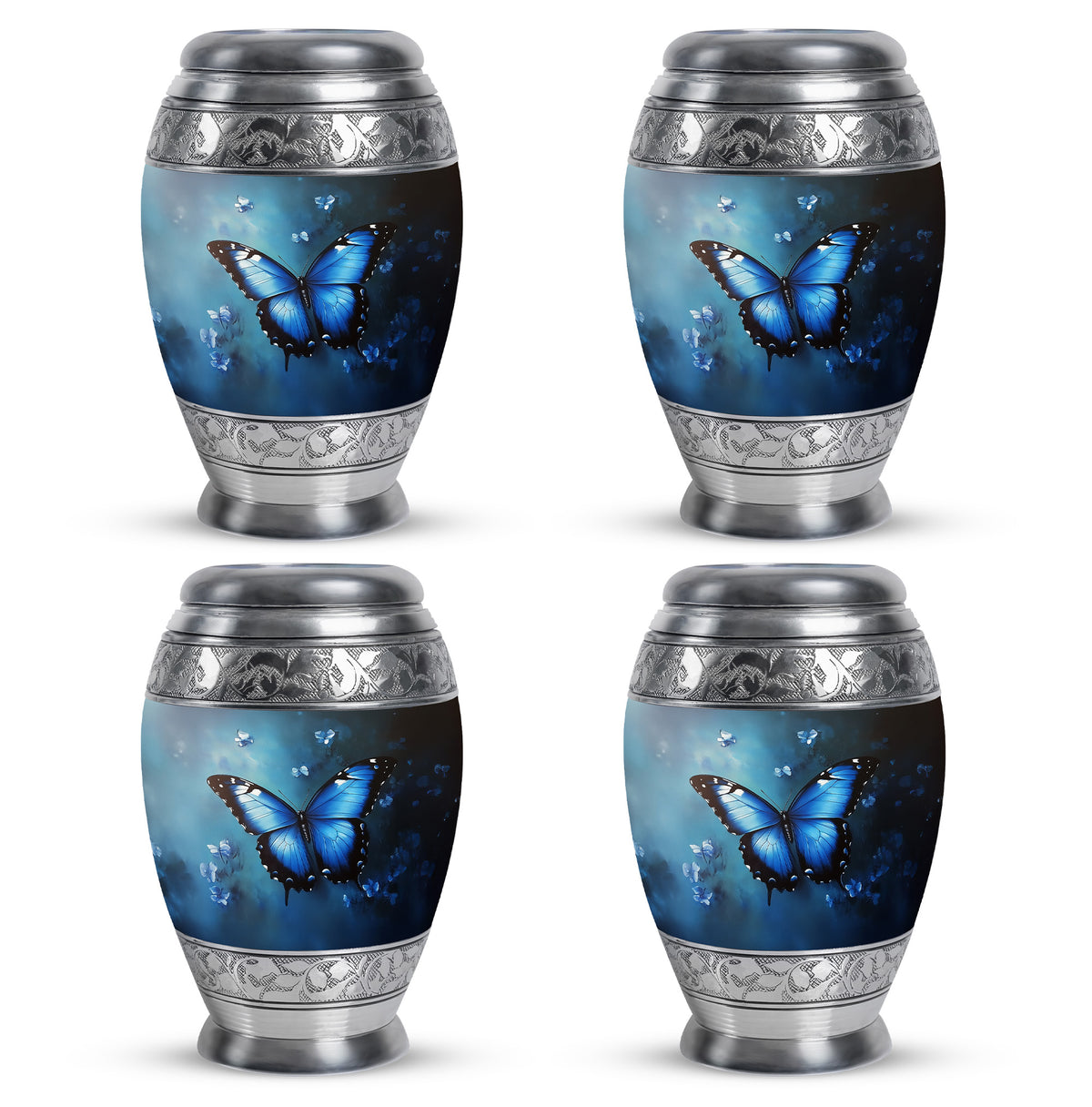 Vivid Blue Butterfly Cremation Urn urn with complimentary velvet bag - royal butterfly engraving with decorative scrollwork - 10 inch aluminum urn for cremated remains